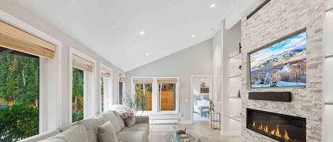 Smart TV, chimenea y libros