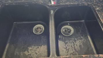 Hair dryer, towels, soap, shampoo