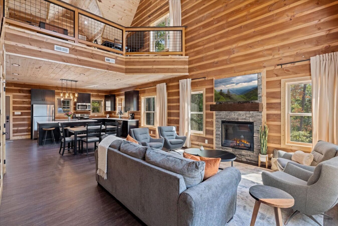 TV, fireplace, books