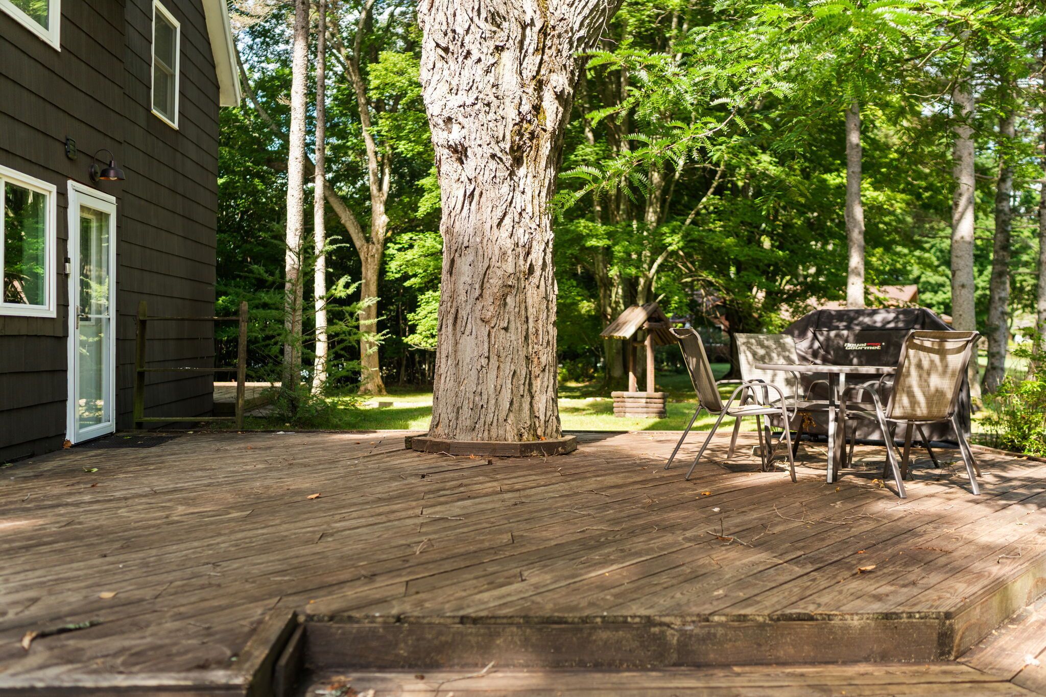 Une terrasse en bois avec une table et des chaises, entourée d’arbres.