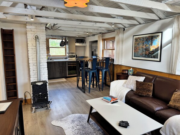 Smart TV, fireplace, books