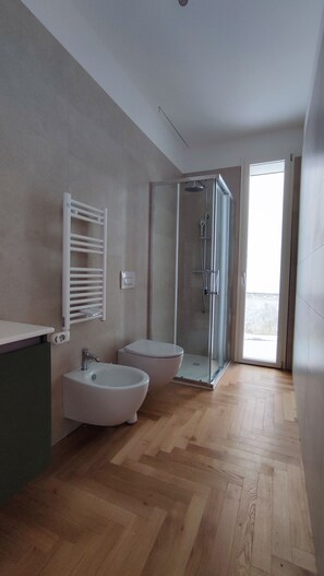 Shower, hair dryer, bidet, towels