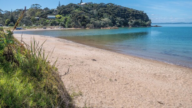 A beach with a sandy shore, a calm sea, and a forested hill with buildings in the background.