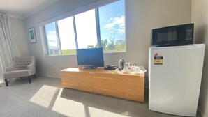 A compact living space with a sofa, a television, a microwave, and a refrigerator.