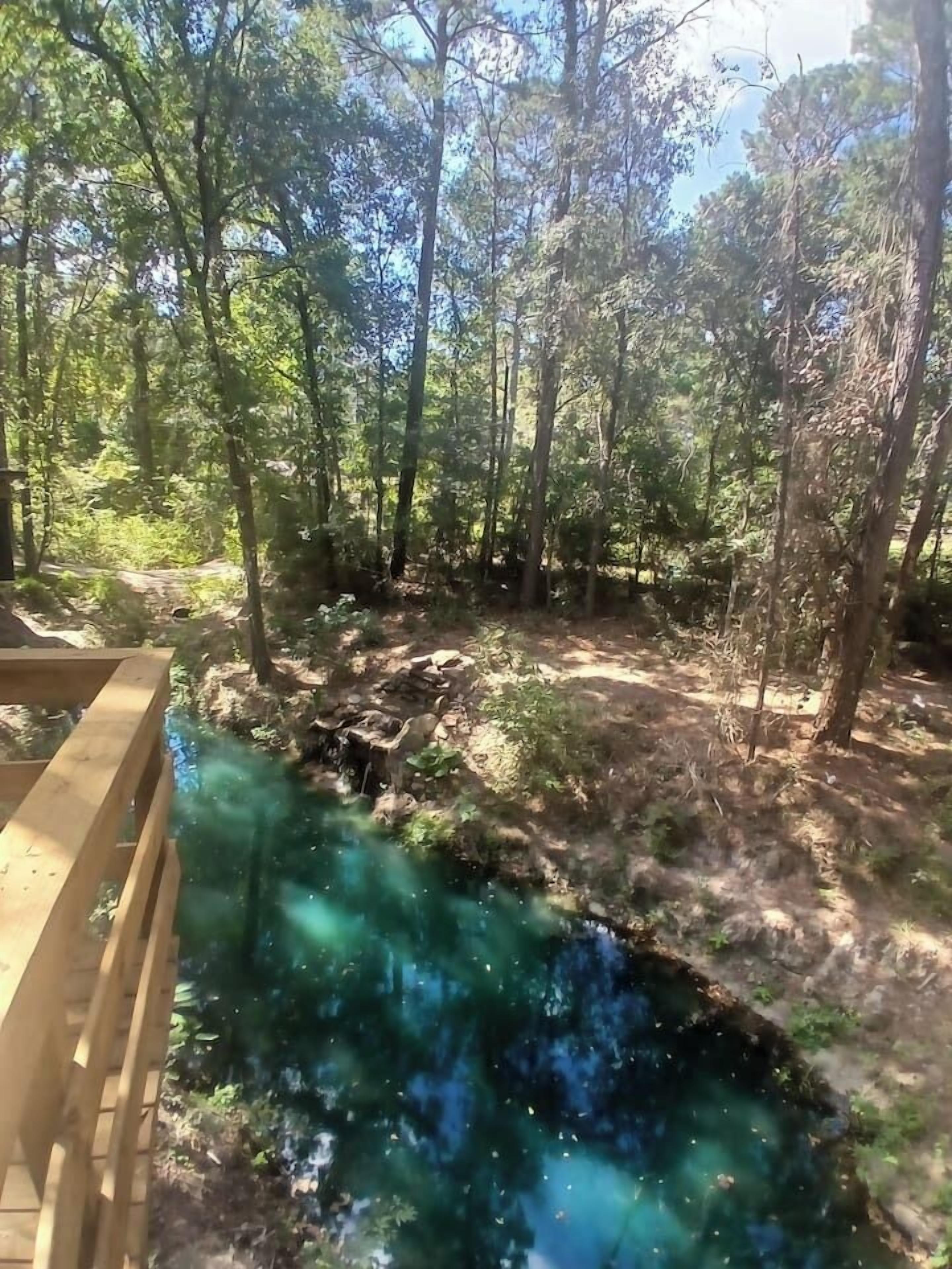 Eine Holzterrasse mit Blick auf einen klaren Bach in bewaldeter Landschaft.