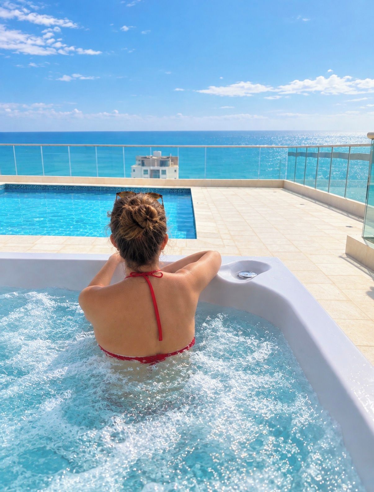 A person in a hot tub with a view of the ocean and a building in the distance.