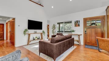 Smart TV, fireplace, table football, books