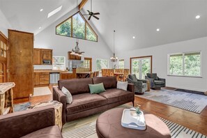 Smart TV, fireplace, foosball, books