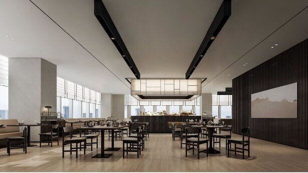 A spacious, modern dining area with high ceilings, large windows, and a central bar area. - SHILIA STAY YANCHENG (Yancheng)