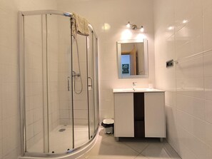 Shower, hair dryer, towels