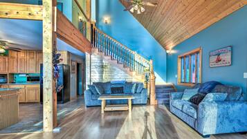 TV, fireplace, books, stereo