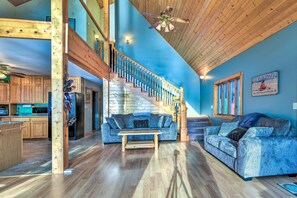 TV, fireplace, books, stereo