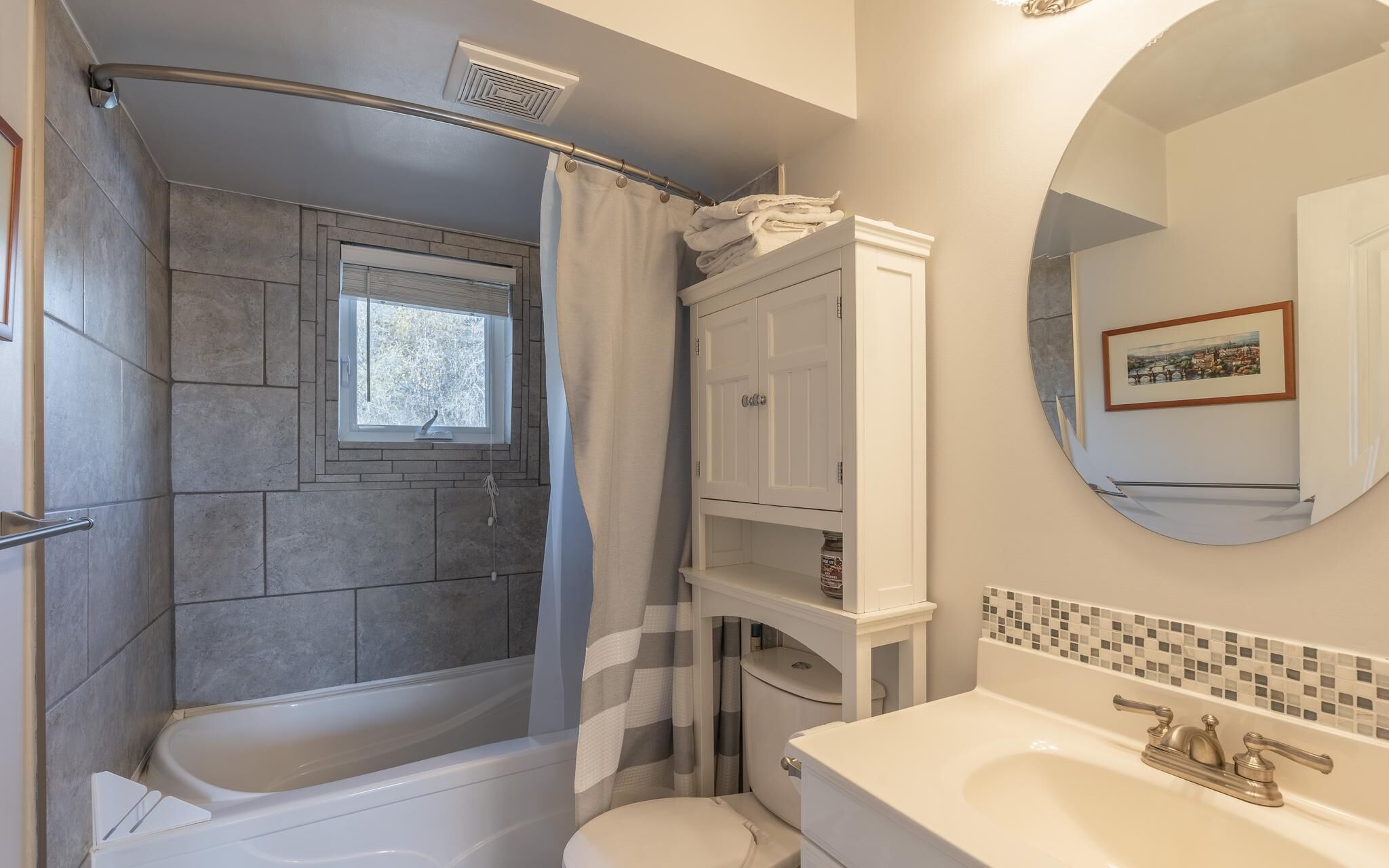 Hair dryer, towels, soap, toilet paper