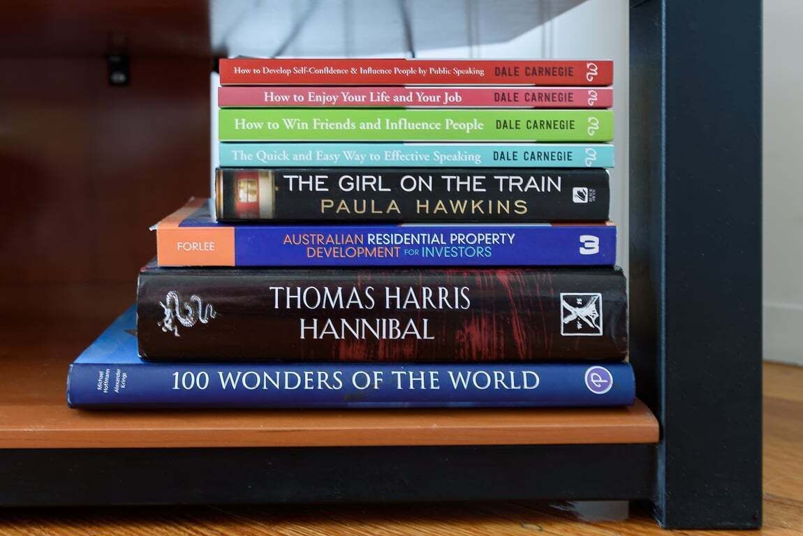 Una pila di libri su uno scaffale.