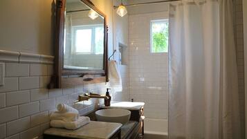 Hair dryer, towels, soap, toilet paper