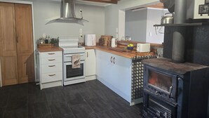 A compact kitchen with a modern stove, a built-in oven, a coffee maker, and a wood-burning stove. - Pakihi Retreat (Toatoa)