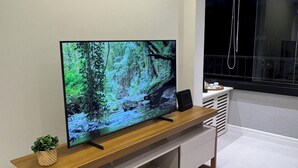 A modern living room with a large flat-screen TV mounted on a wooden console, a small potted plant, and a window with a view of the night sky. - Cozy apartment in the heart of Pinheiros. (São Paulo)