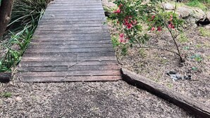 A wooden pathway leading through a garden with various plants and a small pond. - Tranquil Cottage with Valley & Hills Views (Wonga Park)
