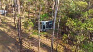 A small, modern cabin with a two-story structure, surrounded by dense forest.