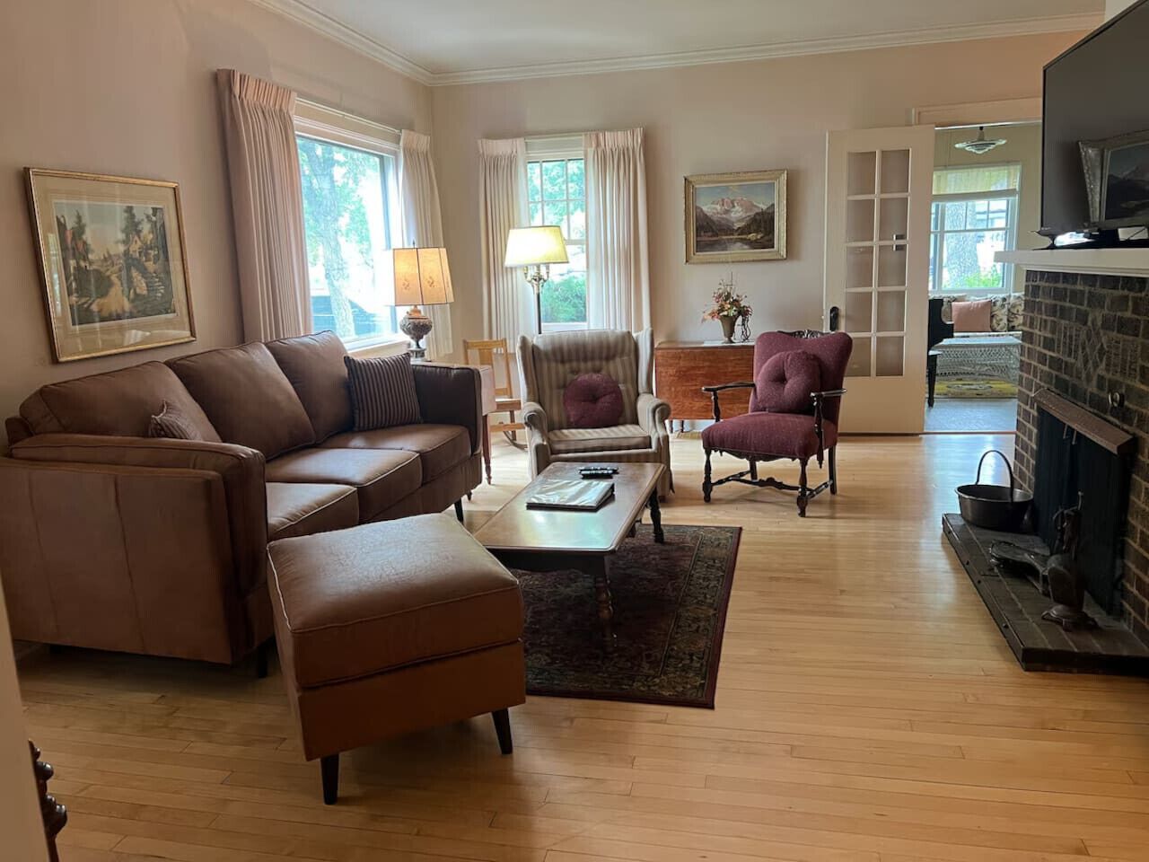 TV, fireplace, books