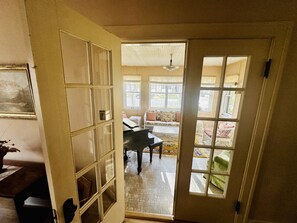 TV, fireplace, books