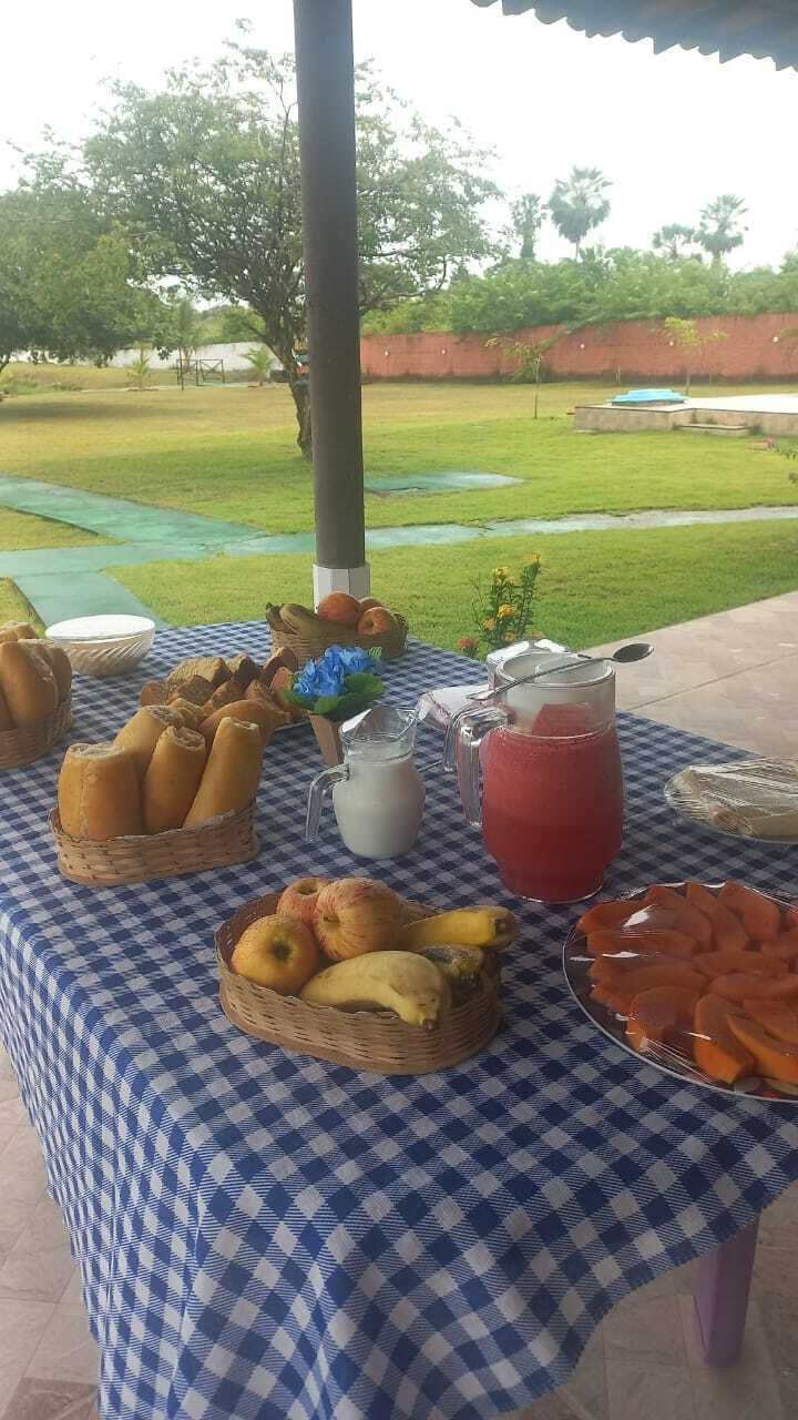 Una mesa al aire libre con mantel a cuadros, cestas de pan, frutas, una jarra de leche y un vaso de bebida roja.