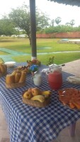 Una mesa al aire libre con mantel a cuadros, cestas de pan, frutas, una jarra de leche y un vaso de bebida roja.