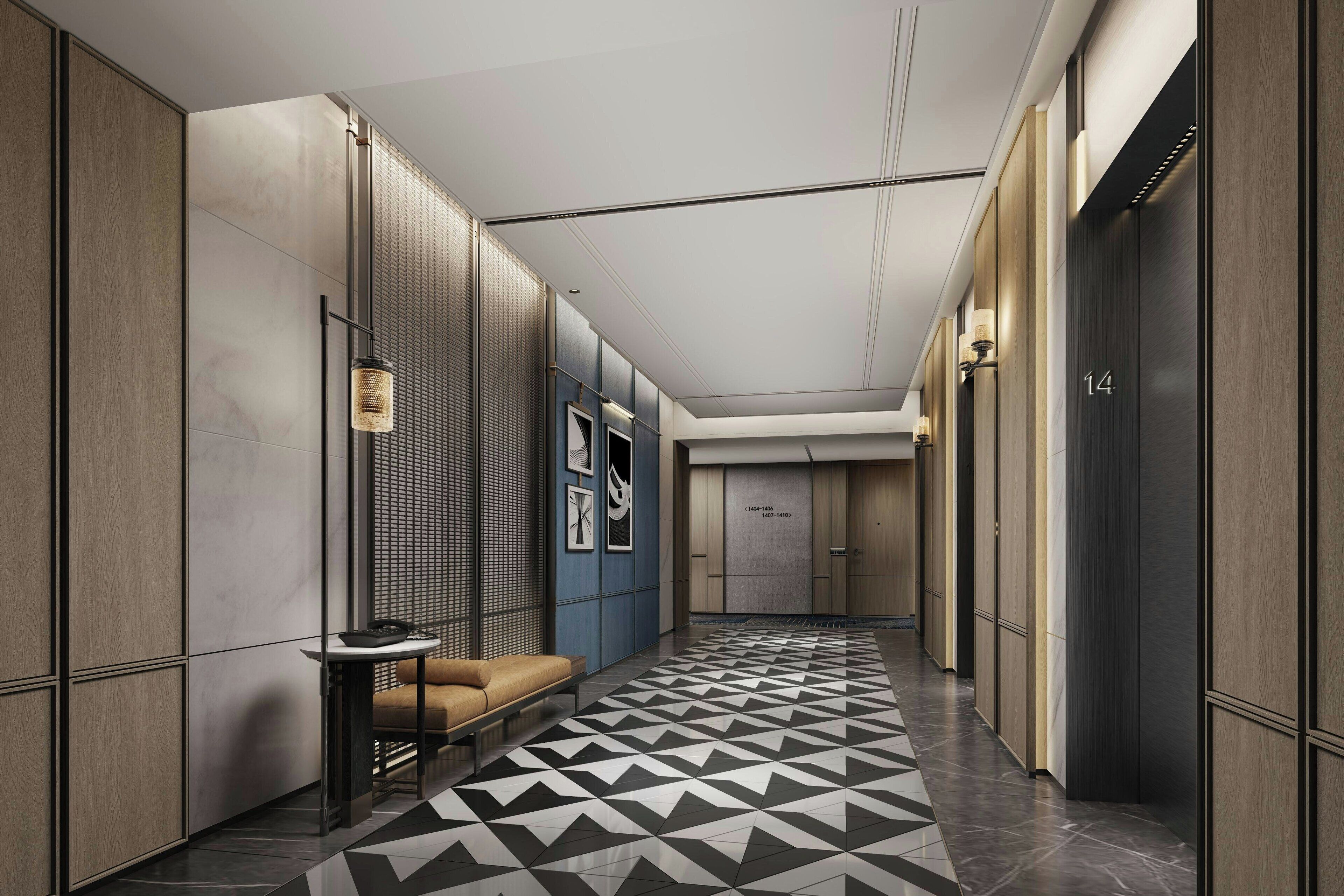 A modern hallway with a geometric patterned floor, a seating area with a table, and a door marked with the number 14.