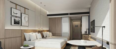 A modern hotel room with a large bed, a round dining table, and a seating area with a sofa and chairs.