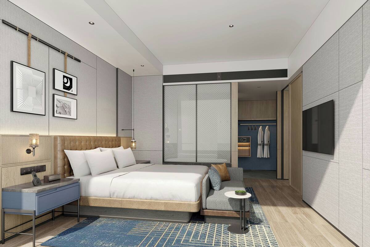 Een moderne hotelkamer met een groot bed, een bureau, een televisie en een kledingkast.