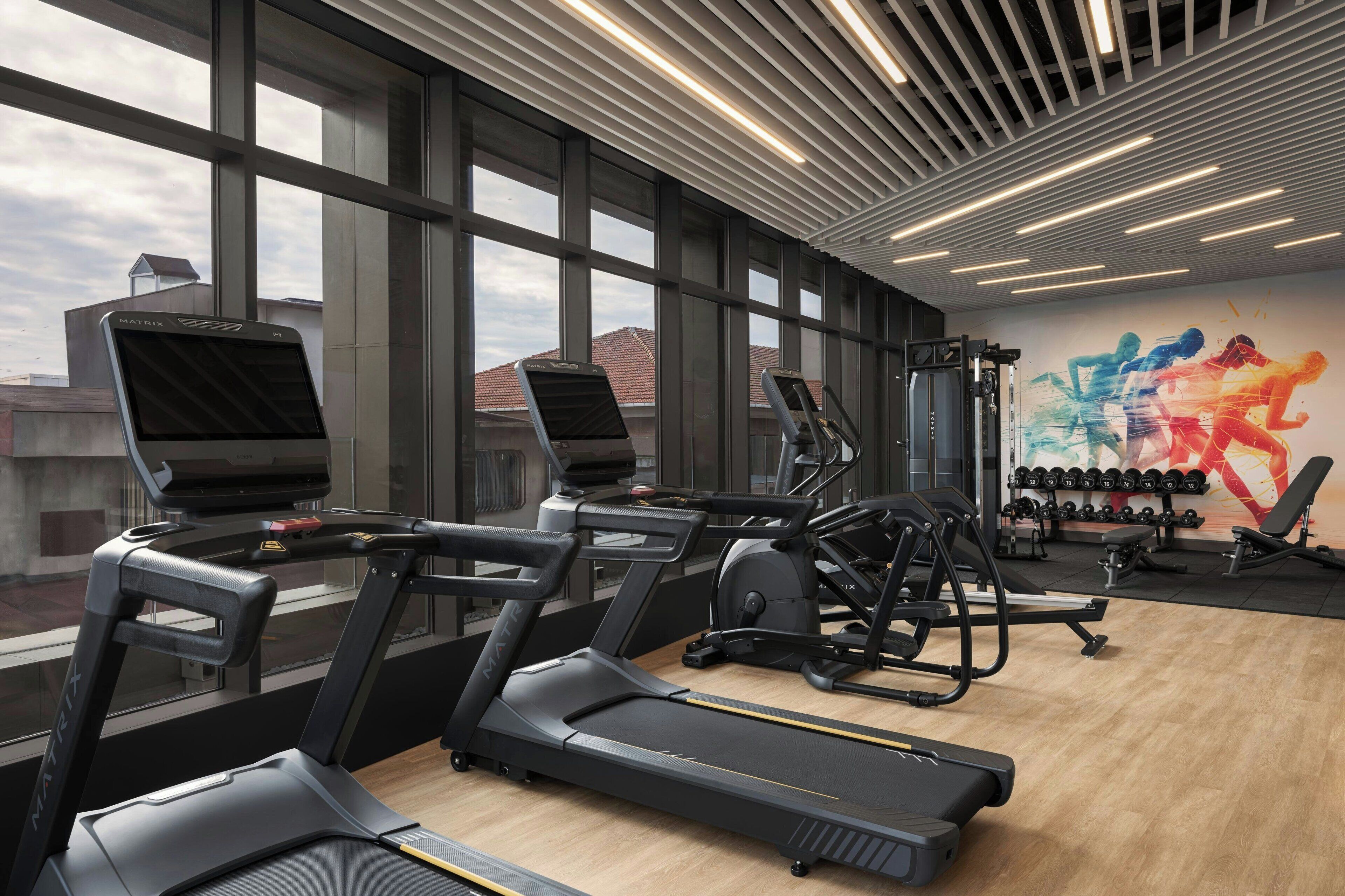 A gym with treadmills, weight machines, and dumbbells.