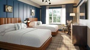 A hotel room with two beds, a desk, a chair, a TV, and a window with curtains. - The Union Hotel, Flemington, A Tribute Portfolio Hotel (Flemington)