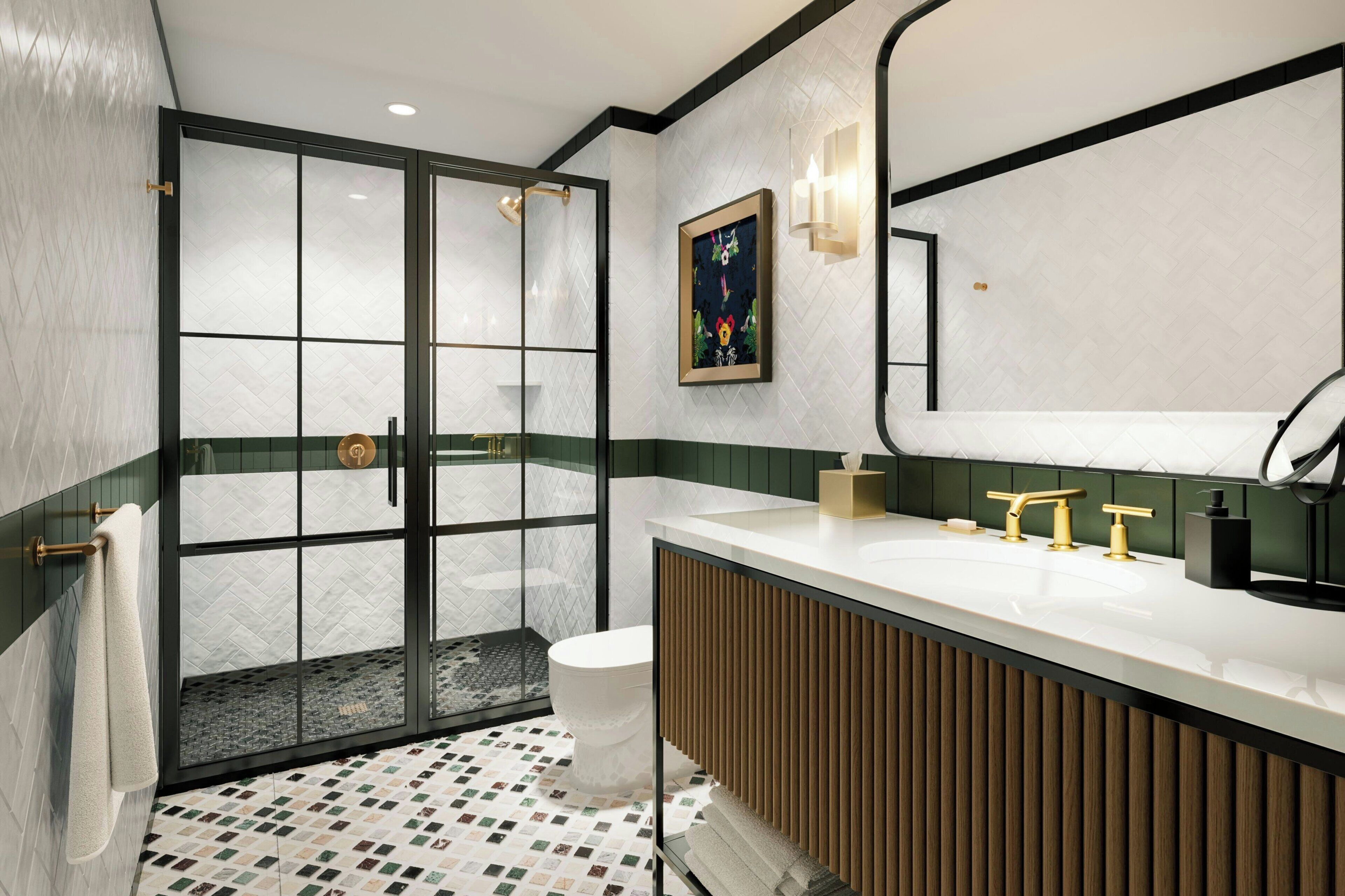 A modern bathroom with a large mirror, a white sink, and a shower area.