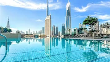 Outdoor pool, pool umbrellas, pool loungers