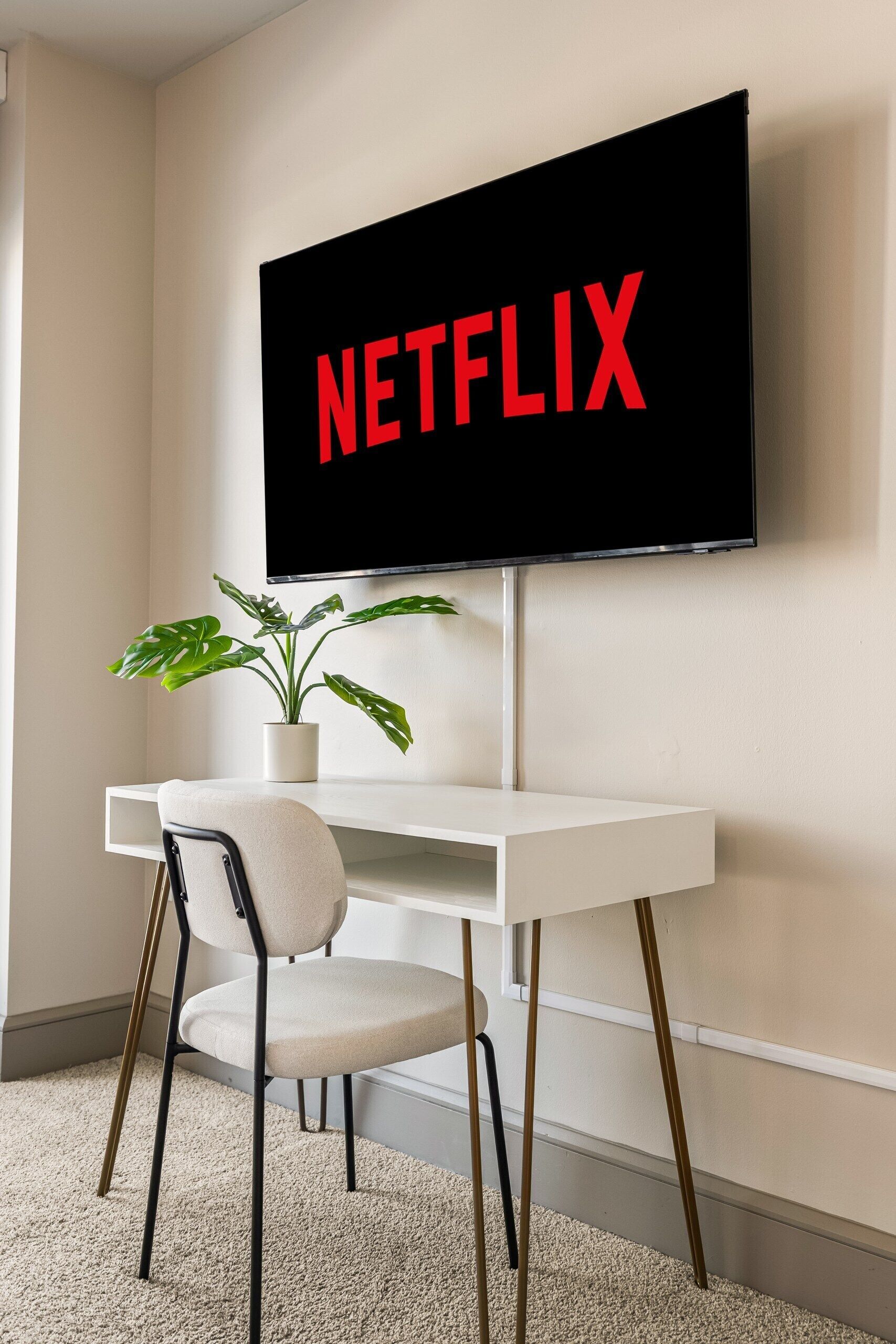 A modern room with a flat-screen TV mounted on the wall displaying "NETFLIX" in red letters, a white desk, a chair, and a potted plant.
