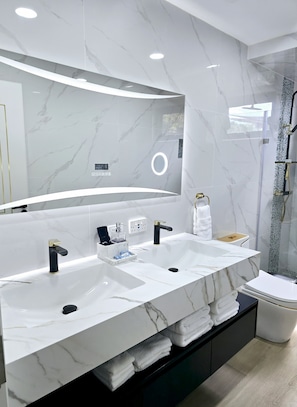 Regadera, secadora de cabello, toallas, jabón