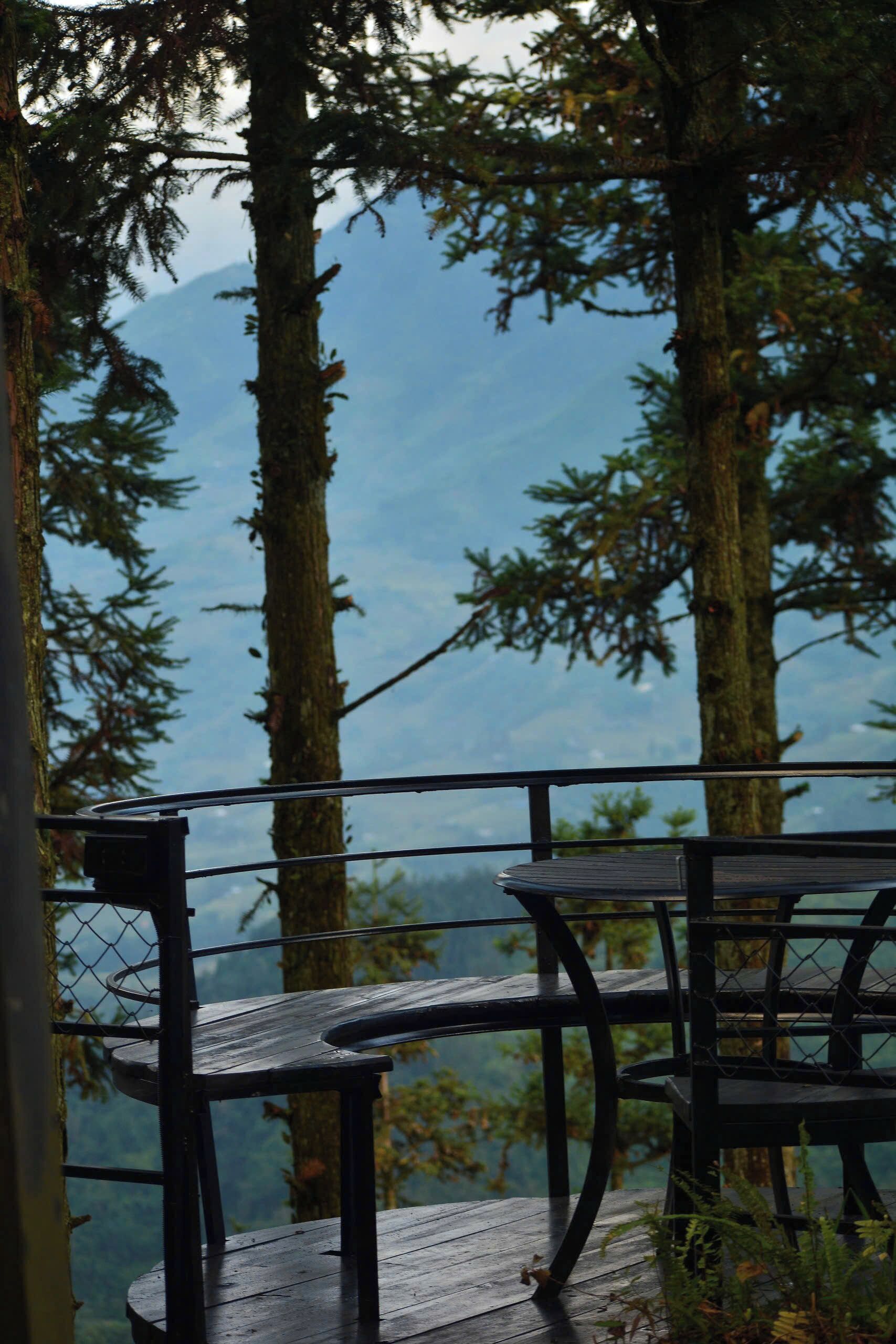 Une terrasse en bois avec des rampes en métal, donnant sur une zone montagneuse boisée.