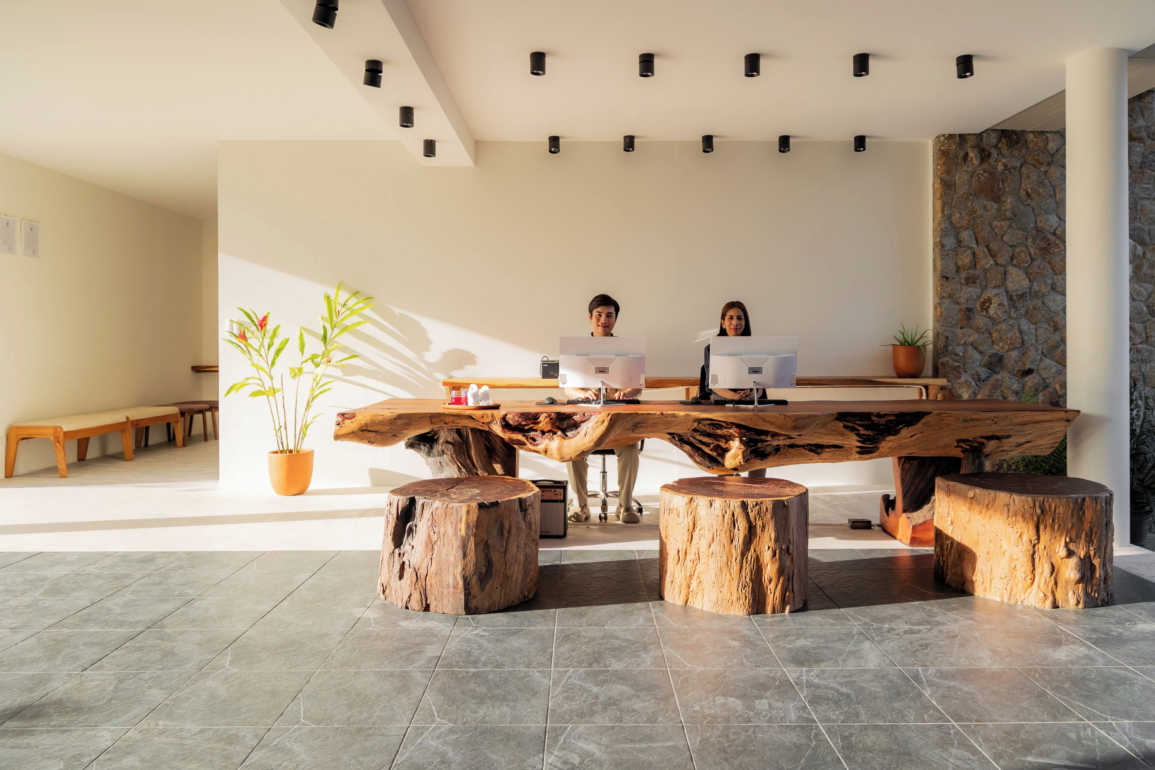 Un interior moderno con una mesa de madera central, dos taburetes, una planta en maceta y una pared de piedra.