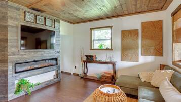 Tv, eldstad och böcker