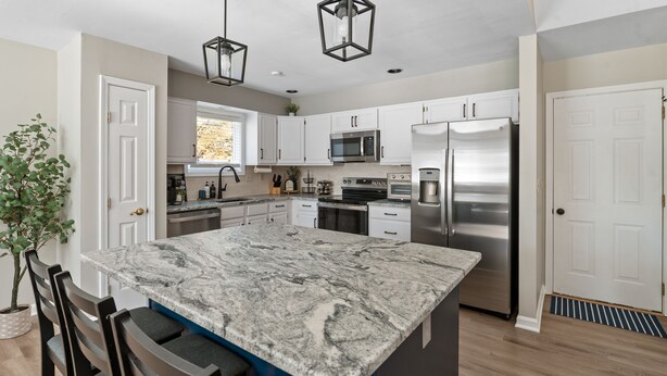 A modern kitchen with white cabinets, a granite island, stainless steel appliances, and a potted plant.