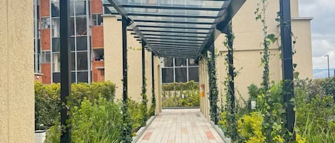 A covered walkway with a glass roof, bordered by plants and buildings.