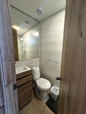 A modern bathroom with a shower, toilet, and vanity.