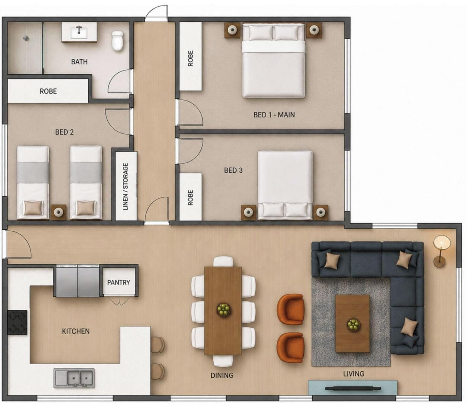 A hotel room layout with a main bed, two additional beds, a bathroom, a robe, a linen storage area, a dining area with a table and chairs, a kitchen, and a living area with a sofa and a coffee table.
