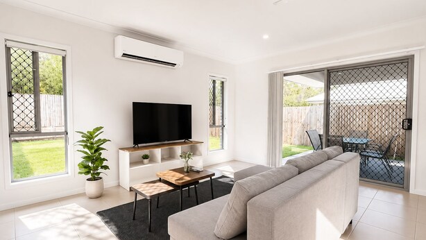 A modern living room with a flat-screen TV, a grey sofa, a small table, and a potted plant. - Sparkling New Home - Suburban Charms Awaits (Park Ridge)
