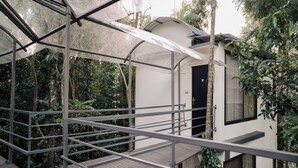 Un edificio moderno con terrazza in legno e ringhiere in metallo, immerso nel verde.
