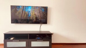 Un téléviseur à écran plat fixé au mur, au-dessus d’un meuble de rangement en bois foncé, avec une télécommande et un petit appareil électronique posé sur l’étagère supérieure.