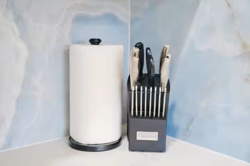 En hvid, cylinderformet genstand ved siden af en knivblok med flere knive.