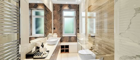 Shower, free toiletries, hair dryer, bathrobes