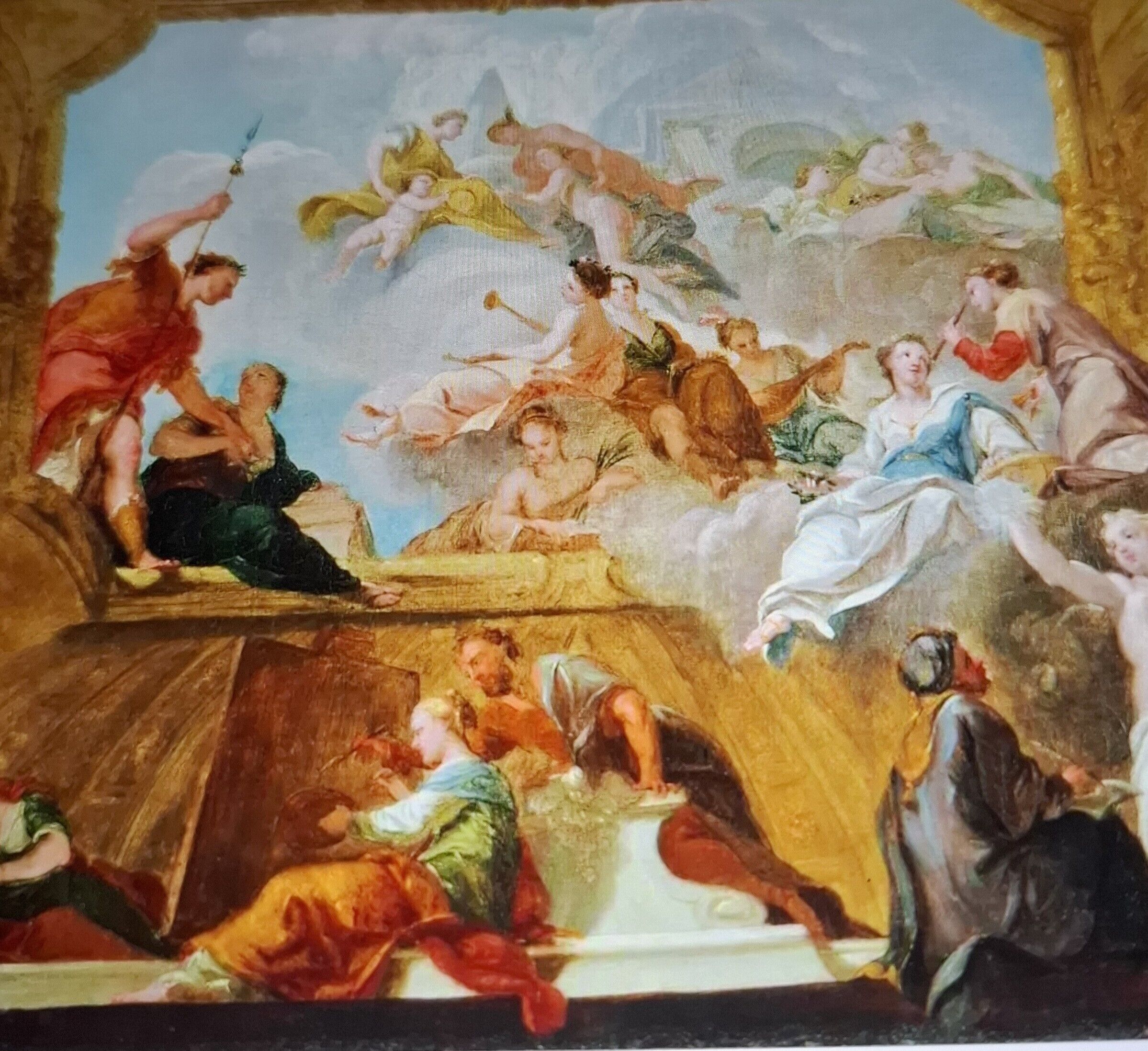 Een klassiek fresco met mythische figuren en een dynamische compositie.