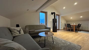 Smart-TV, Kamin, Bücher, Stereoanlage